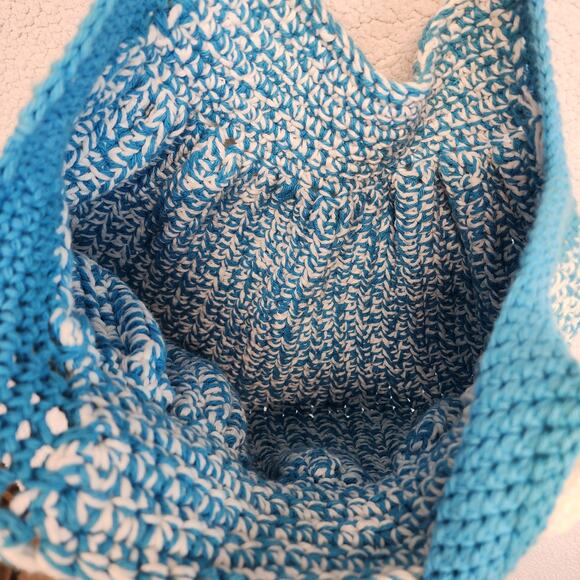 Crochet Market Bag Blue White Floral Detail Two Handle Handmade Boho Hippie - Picture 10 of 10